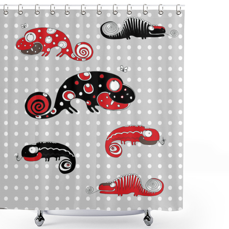 Personality  Vector Hand Drawing Funny Red Chameleons Shower Curtains