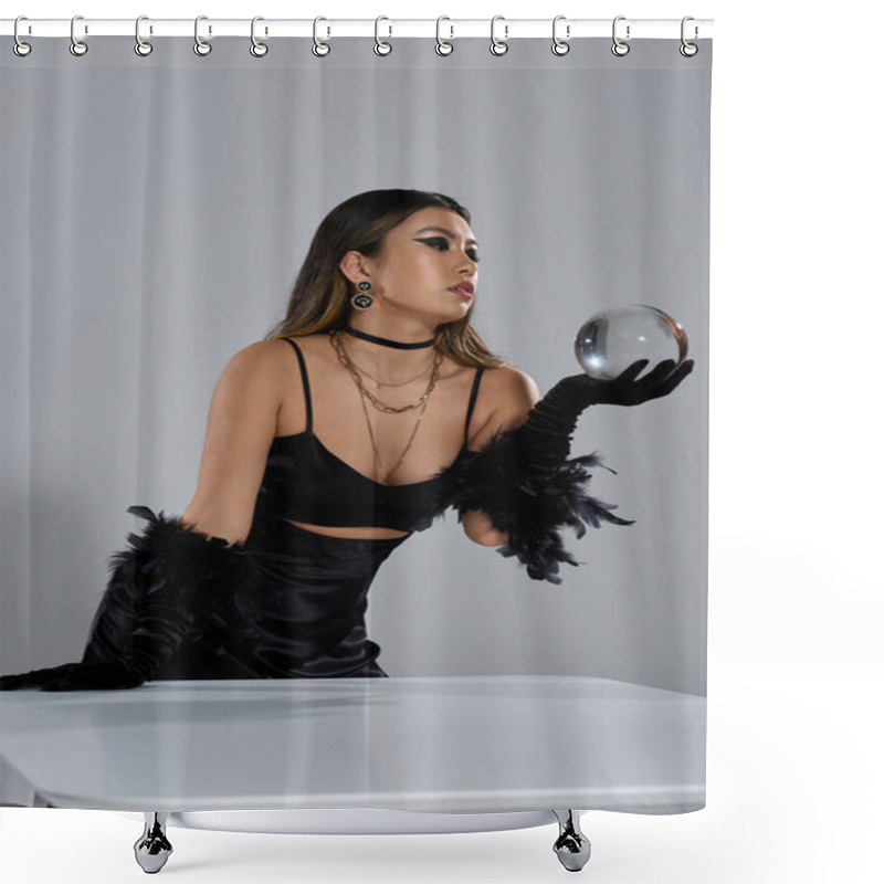 Personality  A Woman In A Black Dress And Gloves Holds A Crystal Ball, Gazing Intently At Its Reflections. Shower Curtains