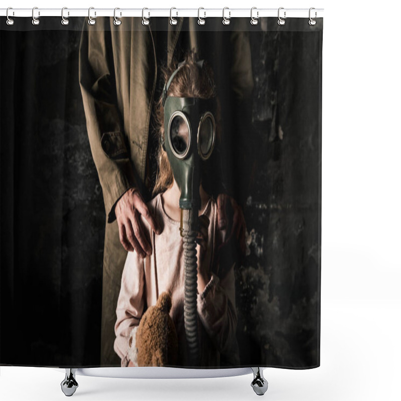 Personality  Cropped View Of Man Standing Near Kid In Gas Mask, Post Apocalyptic Concept Shower Curtains