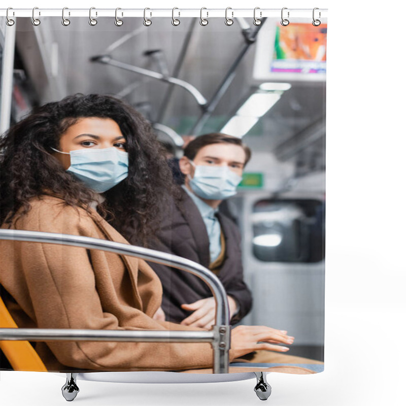 Personality  African American Woman In Medical Mask Looking At Camera Near Man In Subway On Blurred Background Shower Curtains