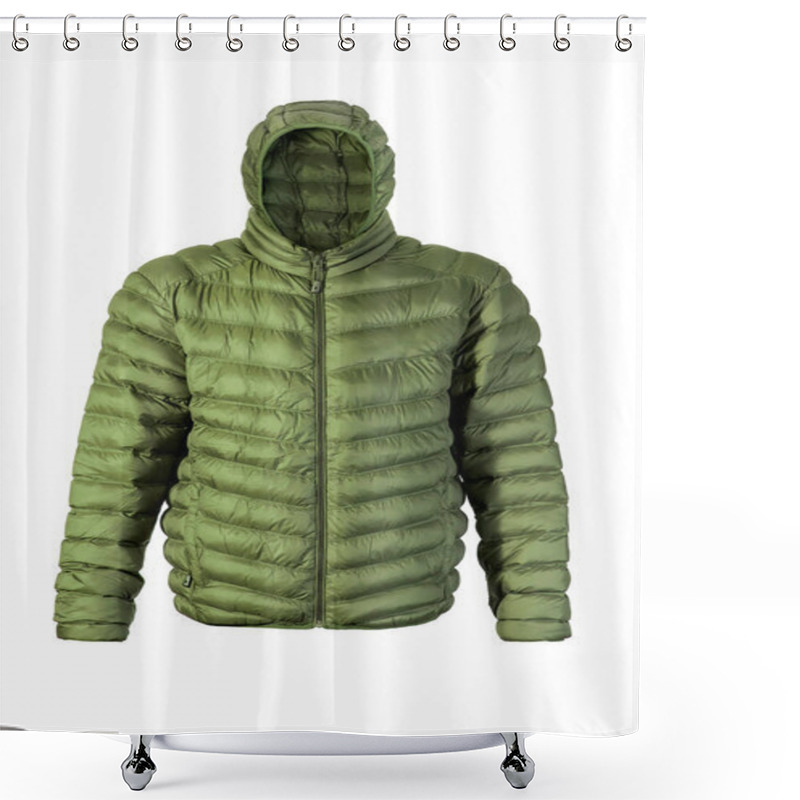 Personality  Men's Green Hooded Warm Sport Puffer Jacket Isolated On White Background. Ghost Mannequin Photography Shower Curtains