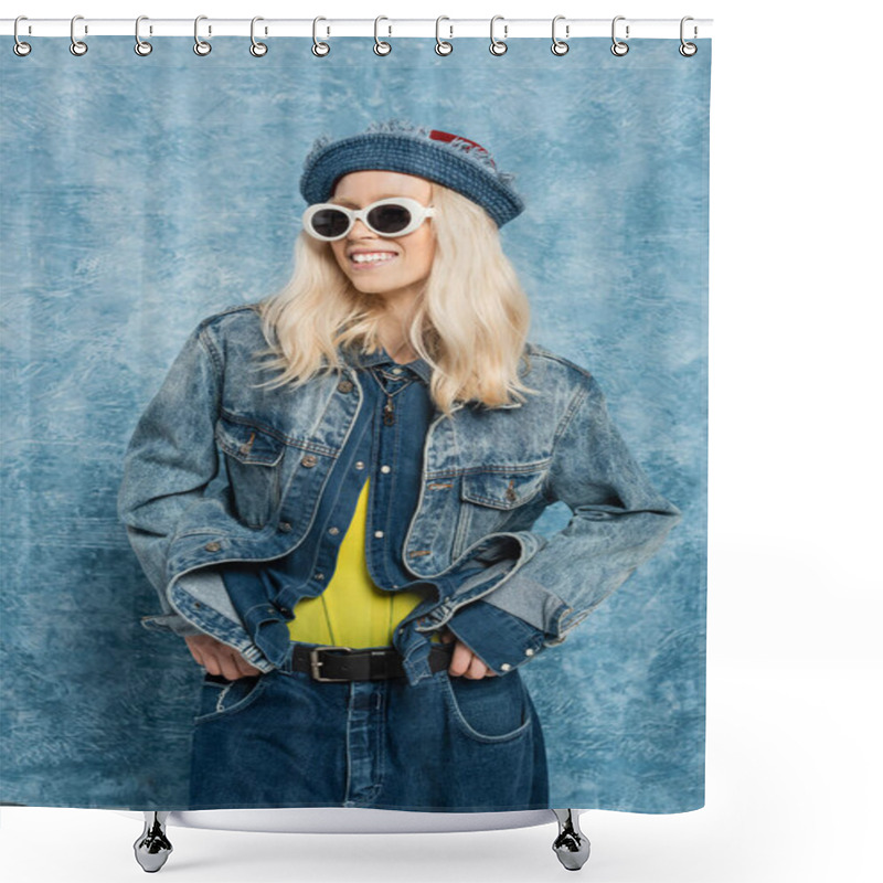 Personality  Happy Blonde Woman In Denim Panama Hat And Sunglasses Posing Near Blue Textured Background   Shower Curtains