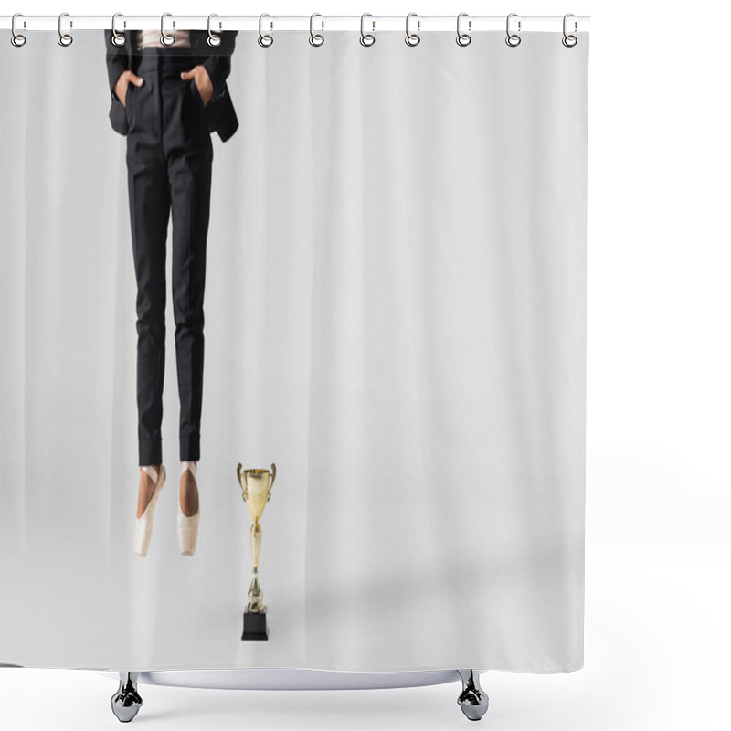 Personality  Cropped View Of African American Businesswoman In Pointe Shoes Jumping Near Golden Cup On Grey Shower Curtains