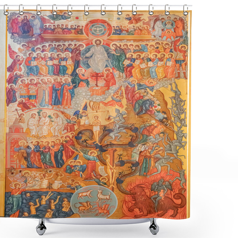 Personality  The Image Is A Detailed Tapestry Featuring Religious Figures, Saints, Angels, And Scenes From Christian Iconography The Central Figure Is Mary With Jesus, Surrounded By Kyiv, Ukraine 01-14-2024 Shower Curtains