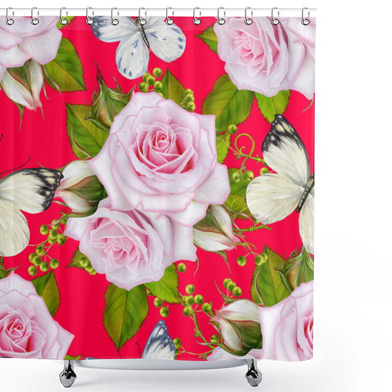 Personality  Seamless Floral Pattern. Bright Leaves, Openwork Weaving, Thin Branches. Flower Arrangement, Delicate Pink Roses And White Butterflies Shower Curtains