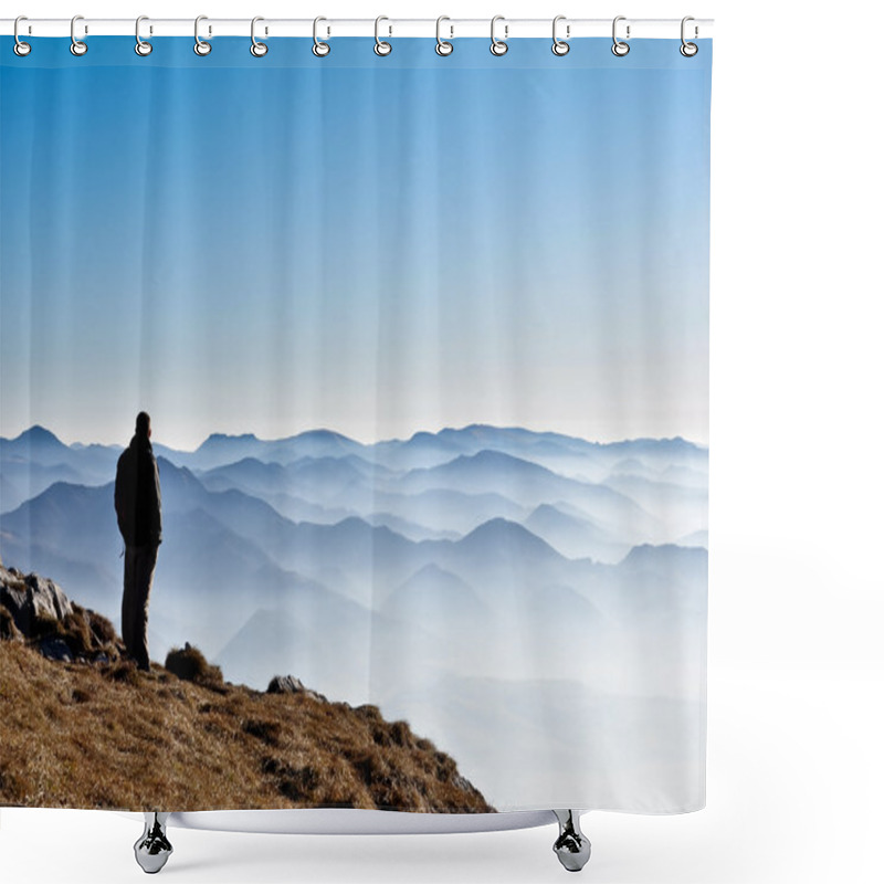 Personality  Misty Mountain Hills And Man Silhouette Shower Curtains