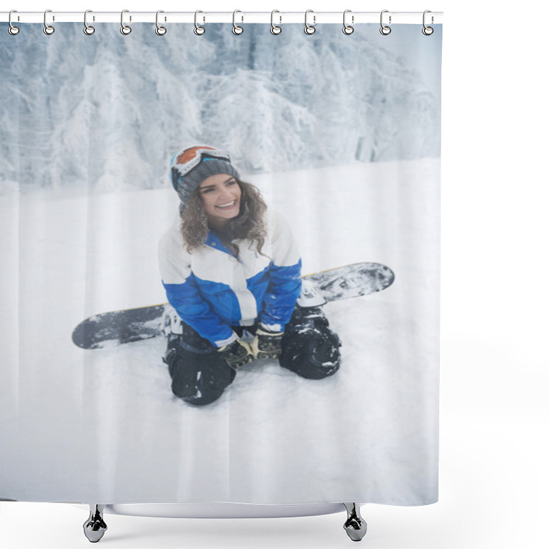 Personality  Happy Woman Sitting In Snow Shower Curtains