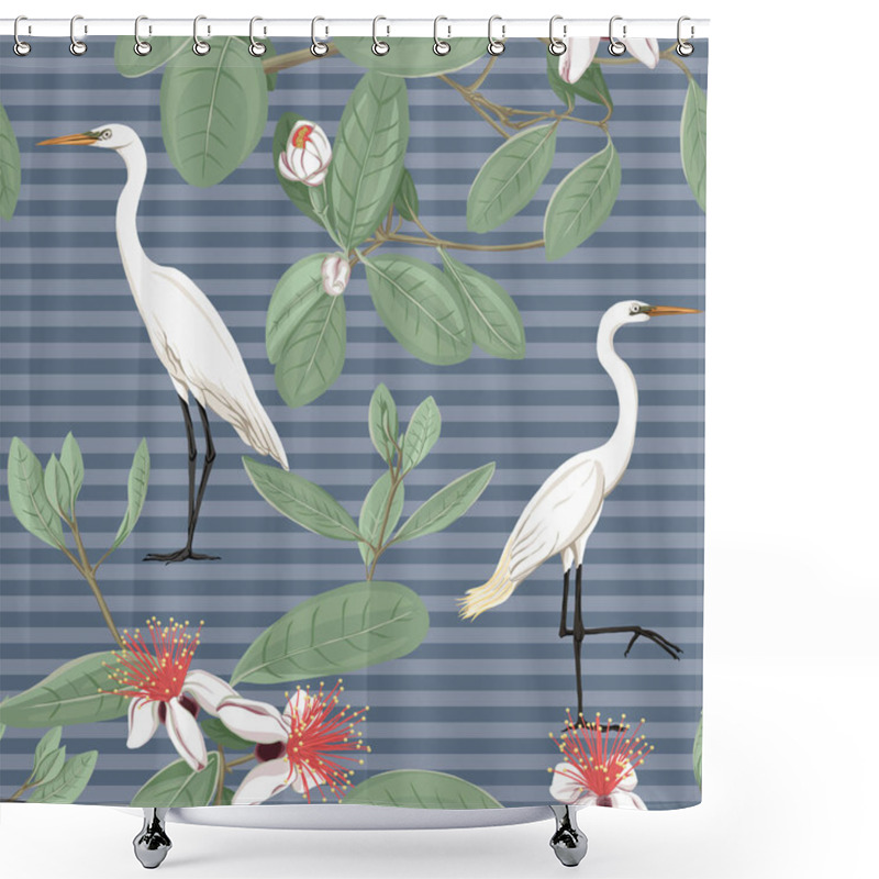 Personality  Seamless Pattern, Background With Floral Pattern With Feijoa Blooming Flowers And Herons. Vector Illustration Without Gradients And Transparency.  On Blue Denim Stripes Background Shower Curtains