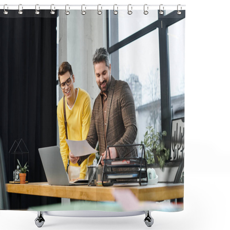 Personality  Colleagues Share A Joyful Moment While Discussing Tasks At A Modern Office Workstation. Shower Curtains