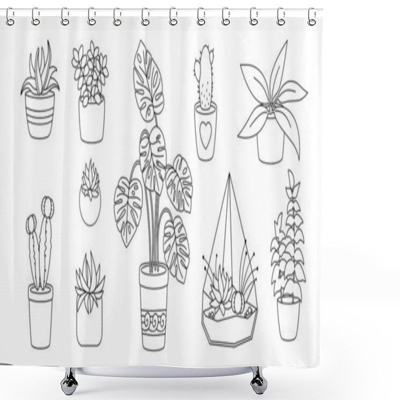 Personality  Plant Succulent Potted Flat Cactus Line Set Vector Shower Curtains