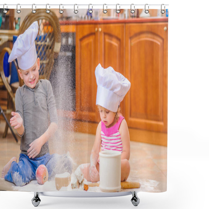 Personality  Two siblings - boy and girl - in chef's hats sitting on the kitc shower curtains