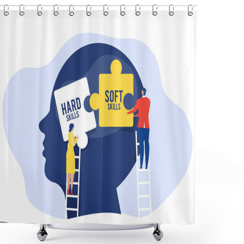 Personality  Business Woman And Man Holding Two Pieces Between Hard VS Soft Skills Concept On Big Head Human Idea Development ,Multiple Intelligences Vector Illustration Shower Curtains