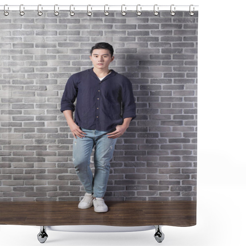 Personality  Man Stand With Brick Wall Shower Curtains