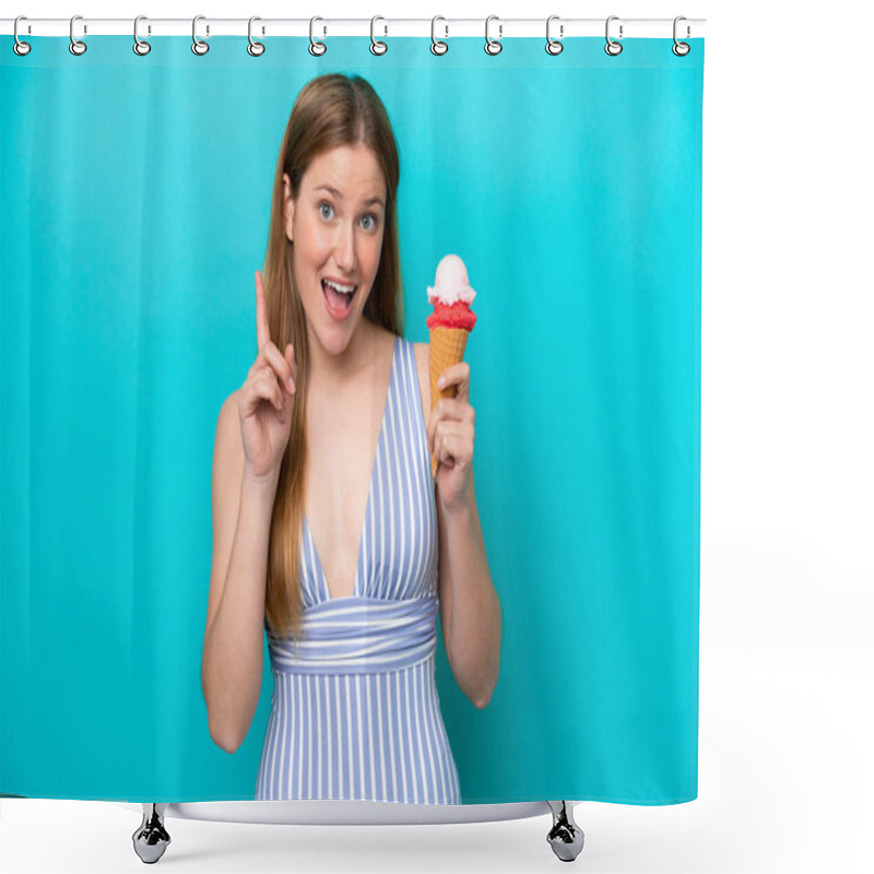 Personality  Young Caucasian Woman In Swimsuit Eating Ice Cream Isolated On Blue Background Pointing Up A Great Idea Shower Curtains