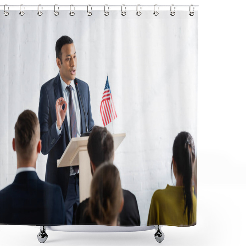 Personality  Serious Indian Agitator Talking To Voters In Conference Room Shower Curtains