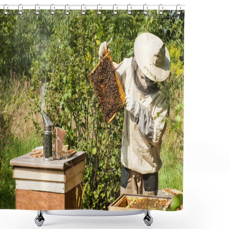 Personality  The Beekeeper Looks At The Beehive. Honey Collection And Bee Control. Bee Breeding And Bee Keeping. Shower Curtains