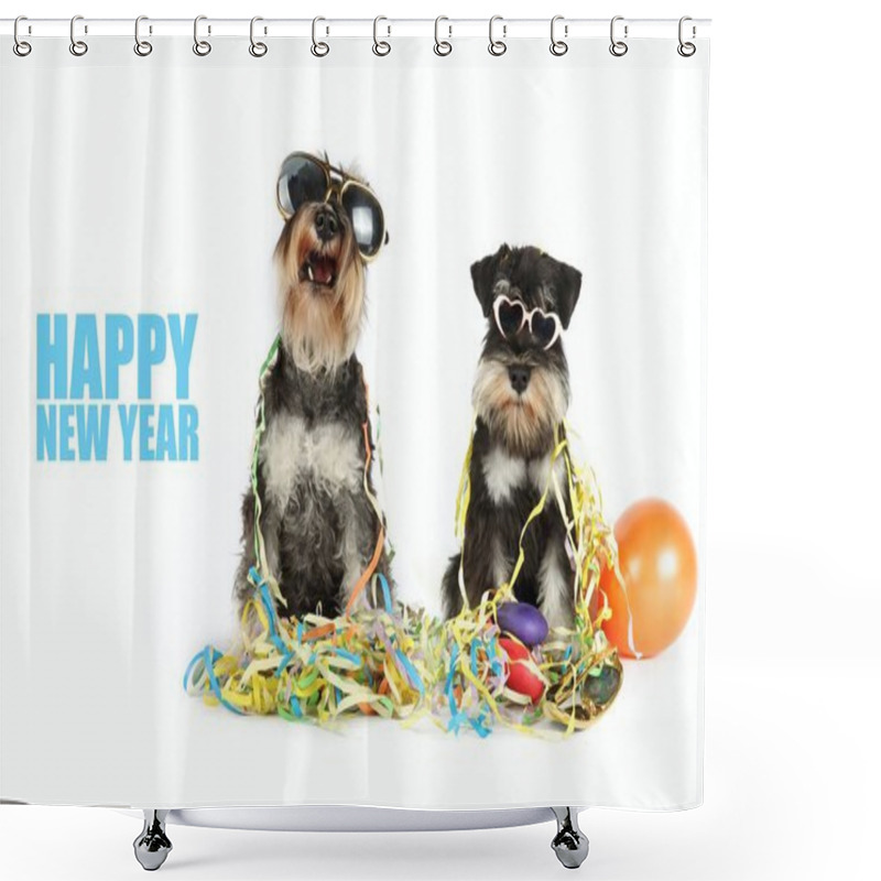 Personality  Two Miniature Schnauzer Dogs Wearing Party Glasses, Surrounded By Balloons And Confetti, Celebrating New Years Eve Shower Curtains