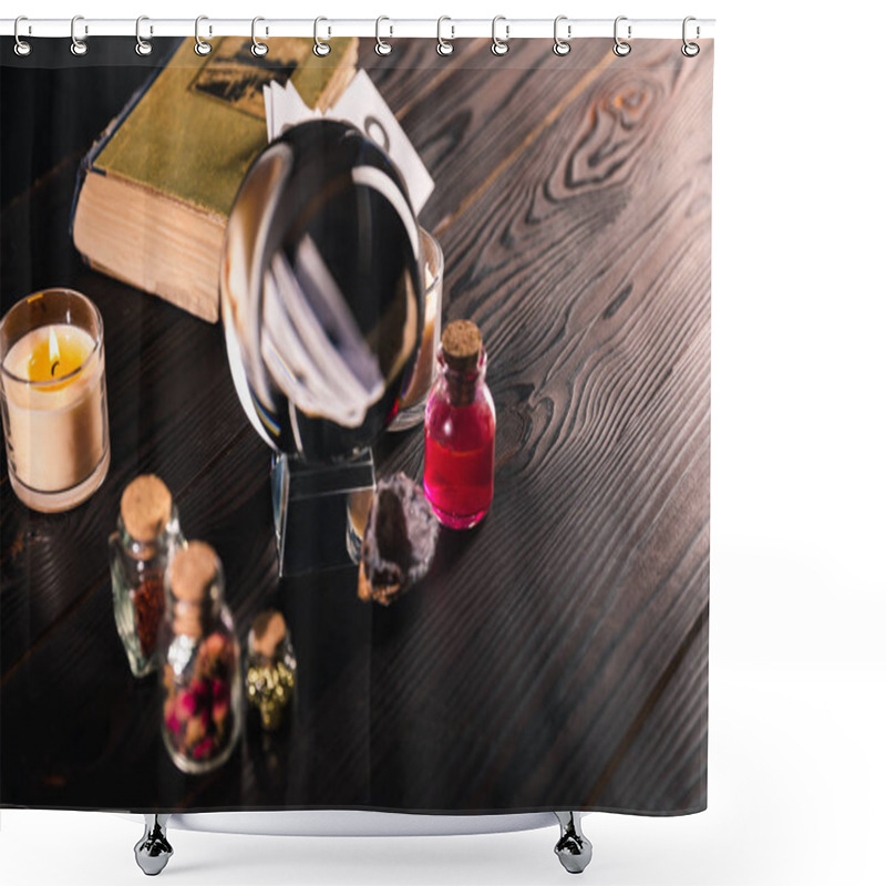 Personality  Selective Focus Of Crystal Ball With Book And Occult Objects On Wooden Background Shower Curtains