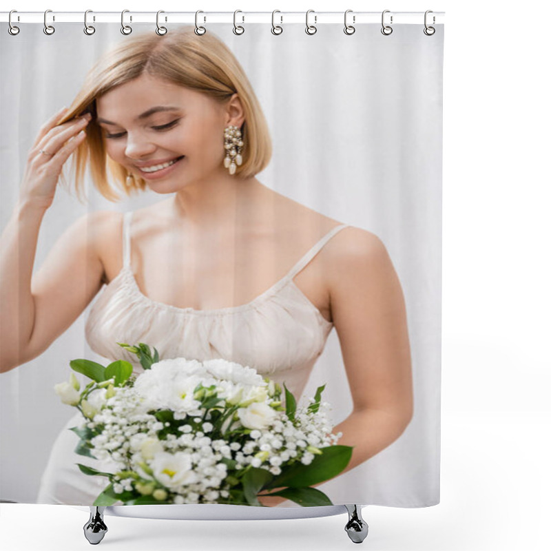 Personality  Cheerful And Blonde Bride In Wedding Dress Holding Bouquet On Grey Background, White Flowers, Bridal Accessories, Happiness, Special Occasion,   Beautiful, Feminine, Blissful  Shower Curtains