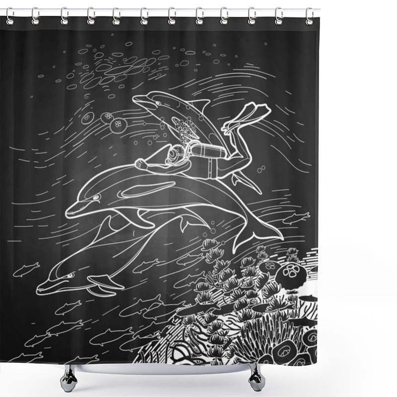 Personality  Graphic Scuba Diver Riding The Dolphin Shower Curtains