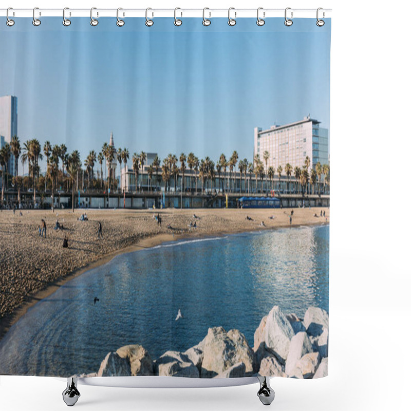 Personality  BARCELONA, SPAIN - DECEMBER 28, 2018: Calm Bay With People Resting On Beach Shower Curtains