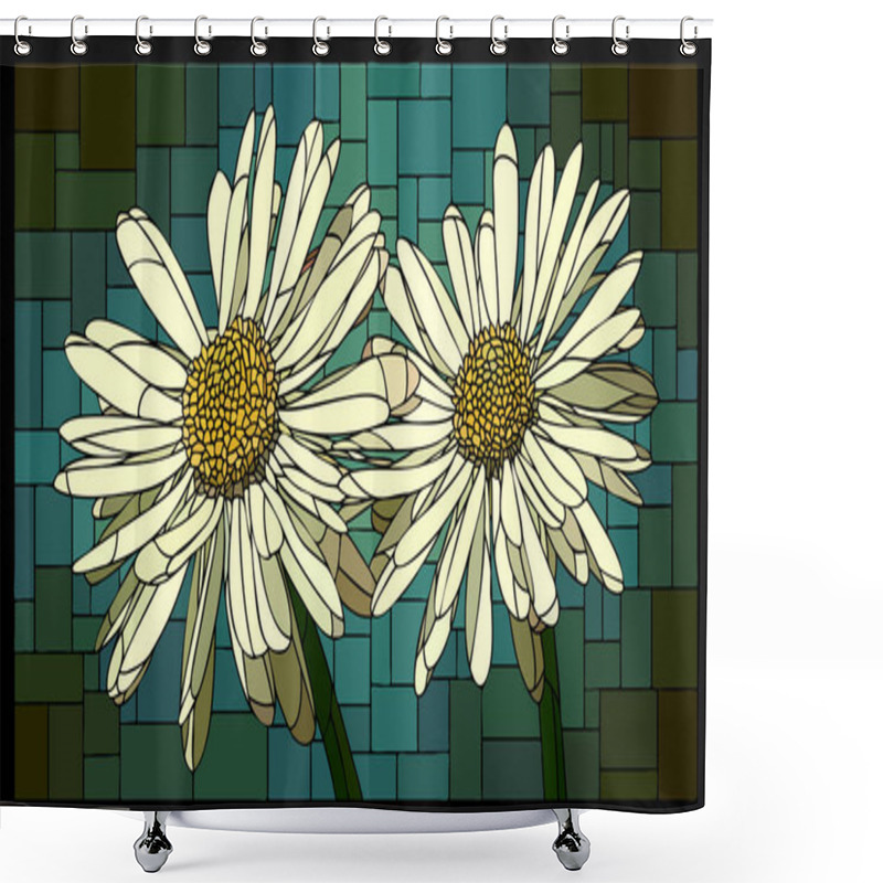 Personality  Vector Horizontal Mosaic With Blooming Daisies Flower In Stained Glass Window. Shower Curtains