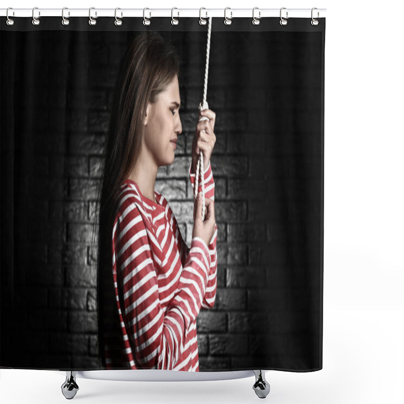 Personality  Woman With Noose On Dark Background. Suicide Concept Shower Curtains