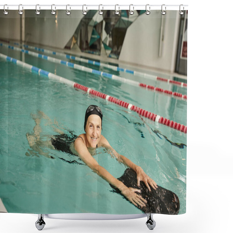 Personality  Cheerful Middle Aged Woman Swimming With Floating Board In Pool, Swim Cap And Goggles, Lifestyle Shower Curtains