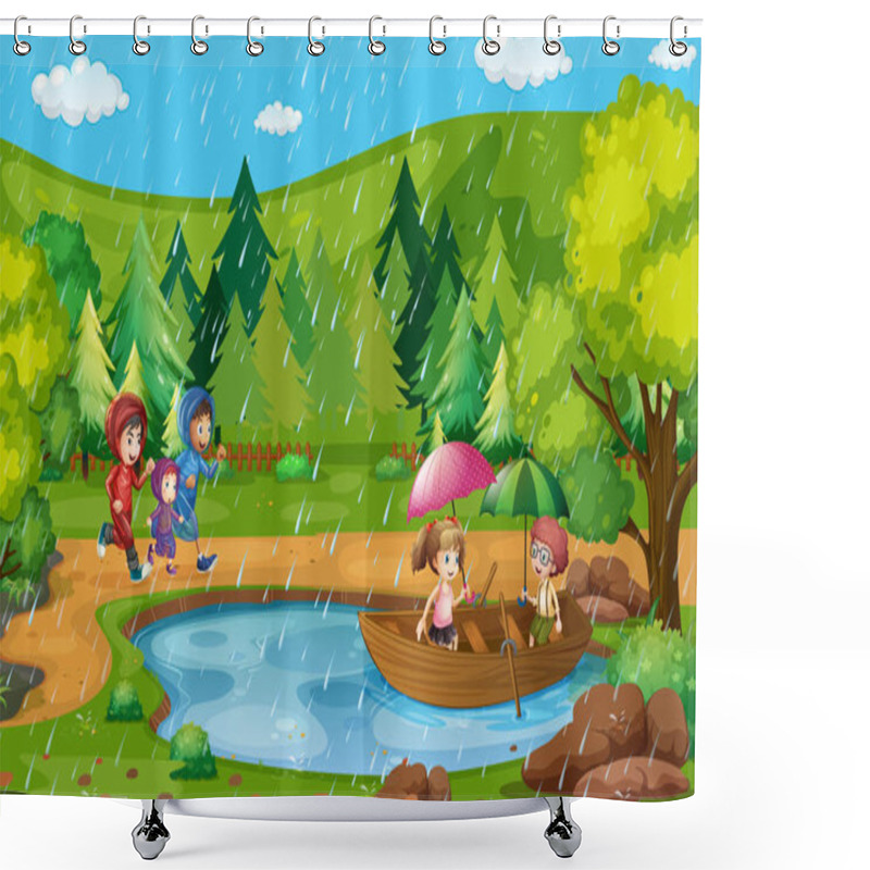 Personality  Park Scene With Children Running In The Rain	  Shower Curtains