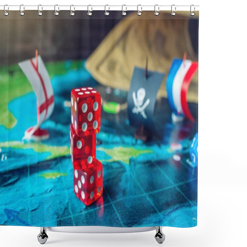 Personality  Red Playing Bones On The World Map Of The Field Handmade Board Games With A Pirate Ship Shower Curtains