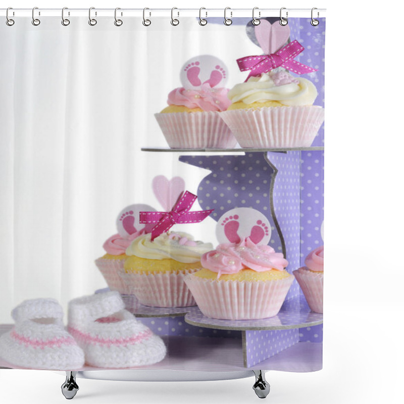 Personality  Baby Girl Cupcakes And Booties On Purple Cupcake Stand Shower Curtains