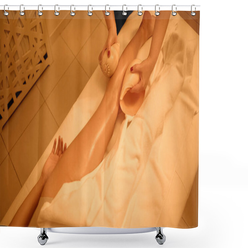 Personality  High Angle View Of Woman Receiving Leg Massage With Sea Shells  Shower Curtains