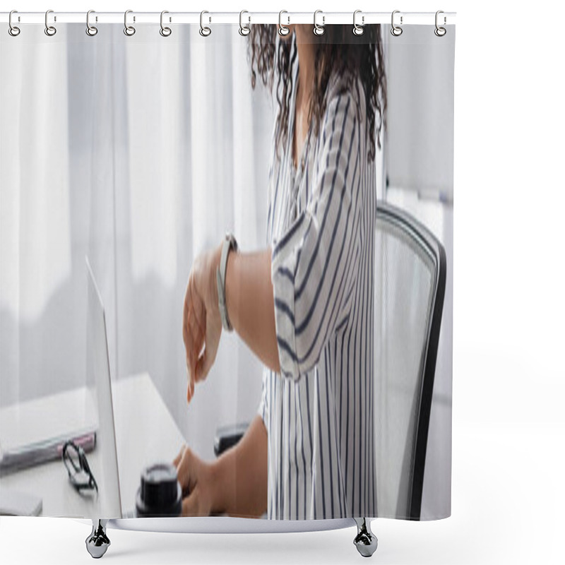 Personality  Partial View Of African American Freelancer Looking At Watch Near Laptop At Home, Banner Shower Curtains