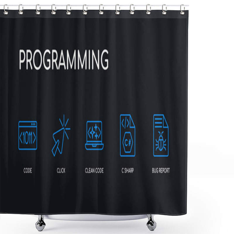 Personality  5 Outline Stroke Blue Bug Report, C Sharp, Clean Code, Click, Code Icons From Programming Collection On Black Background. Line Editable Linear Thin Icons. Shower Curtains