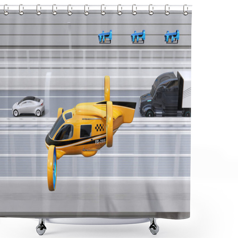 Personality  Orange Passenger Drone Taxi, Fleet Of Delivery Drones Flying Along With Truck Driving On The Highway. 3D Rendering Image. Shower Curtains