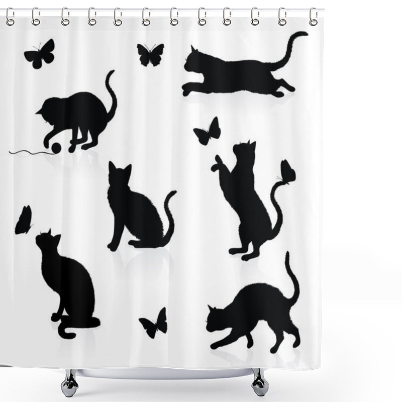 Personality  Silhouettes Of Cats With Butterflies. Shower Curtains