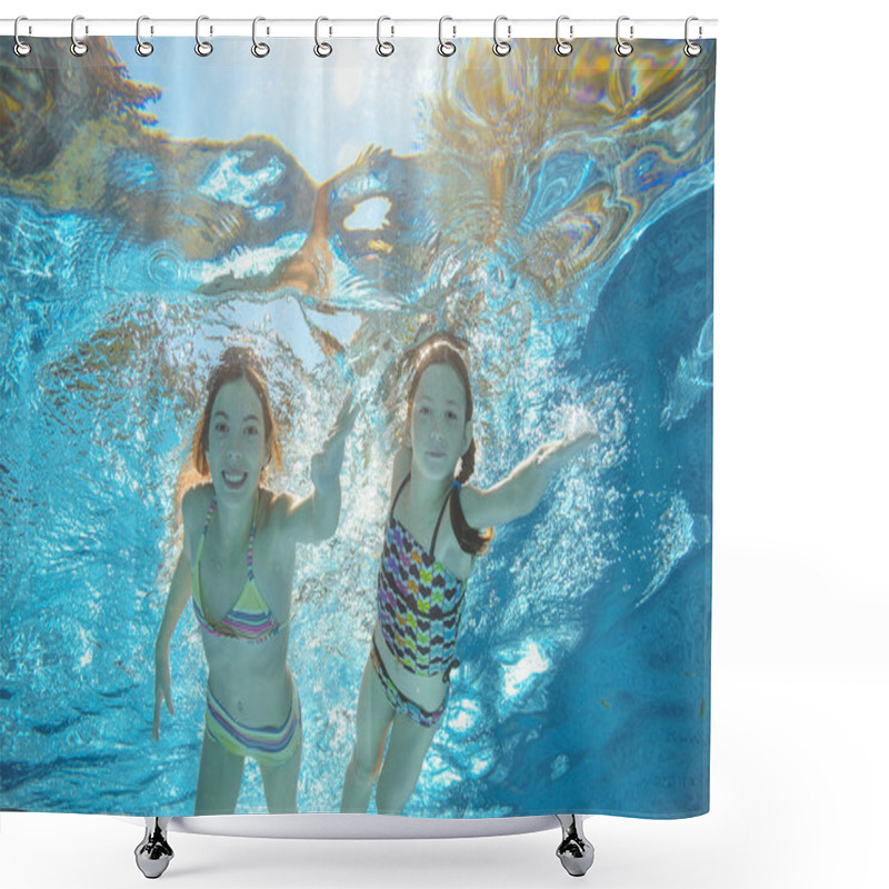 Personality  Children Swim In Pool Underwater, Happy Active Girls Have Fun In Water Shower Curtains