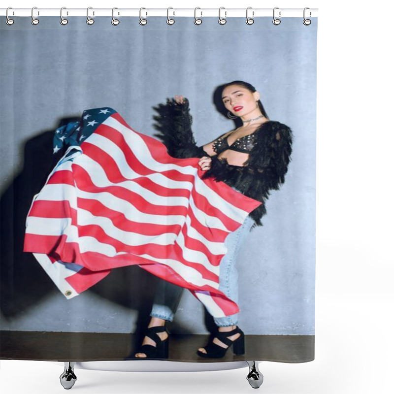 Personality  Beautiful Asian Woman With American Flag Posing Against Concrete Wall Shower Curtains