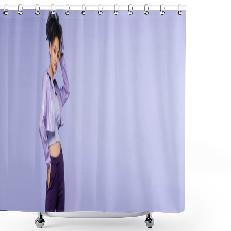 Personality  Curly African American Woman In Violet Leather Jacket And Trousers Posing With Hand On Hip Isolated On Purple, Banner Shower Curtains