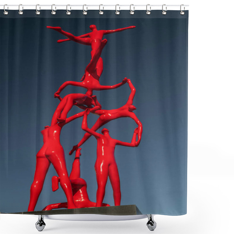 Personality  Modern Sculpture With Red Human Figures In Alexandroupoli, Greec Shower Curtains