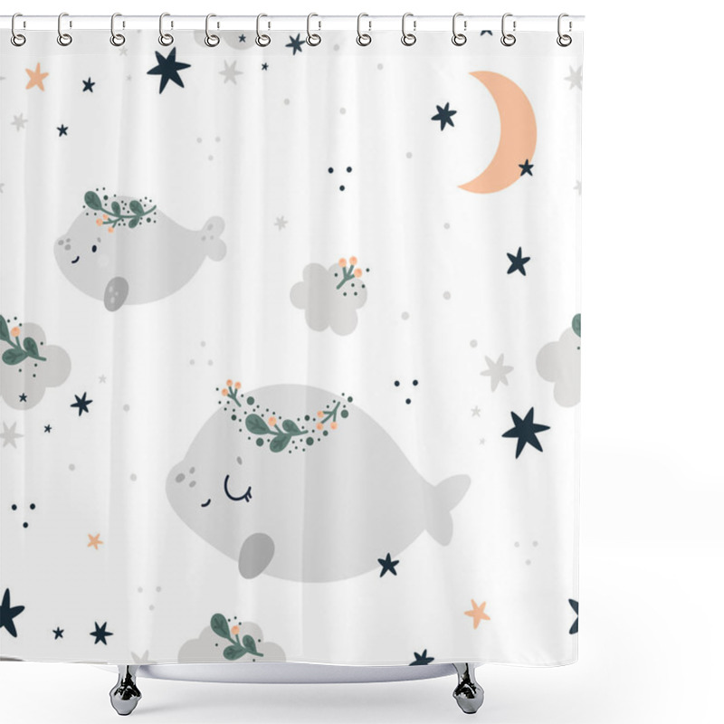 Personality  Seamless Childish Pattern With Cute Whales, Stars And Moon. Children Background In Pastel Colors. Creative Kids Texture For Print, Textile, Wallpaper, Apparel, Fabric, Wrapping. Vector Illustration Shower Curtains