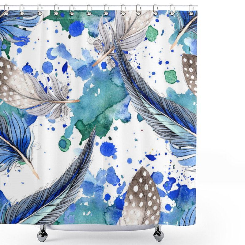 Personality  Watercolor Blue And Black Bird Feather From Wing. Aquarelle Feather For Background, Texture, Wrapper Pattern. Watercolour Drawing Fashion Seamless Background Pattern. Fabric Wallpaper Print Texture. Shower Curtains