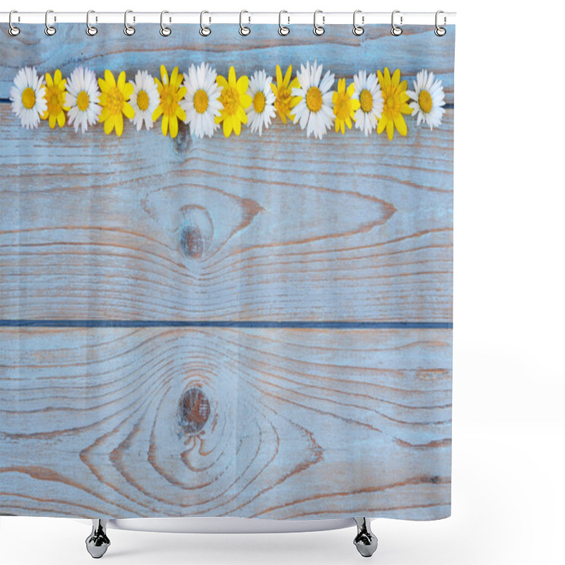 Personality  Border Row Of Spring Fieldflowers Such As Buttercups And Daisies On A Blue Grey Ols Used Knotted Wood With Empty Space Layout For Basic Moodboard Shower Curtains