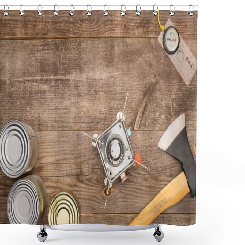 Personality  Top View Of Gas Burner, Axe, Compass And Canned Goods On Wooden Surface Shower Curtains