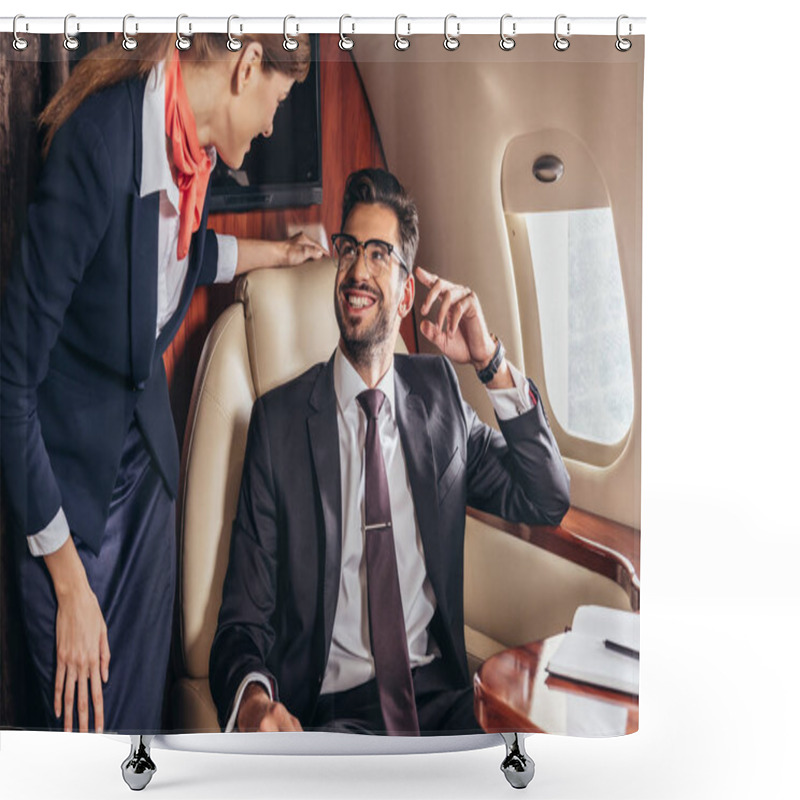 Personality  Smiling Businessman In Suit Looking At Flight Attendant In Private Plane  Shower Curtains