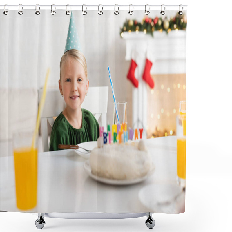 Personality  Smiling Girl In Party Cap Looking At Camera Near Birthday Cake And Orange Juice At Home  Shower Curtains