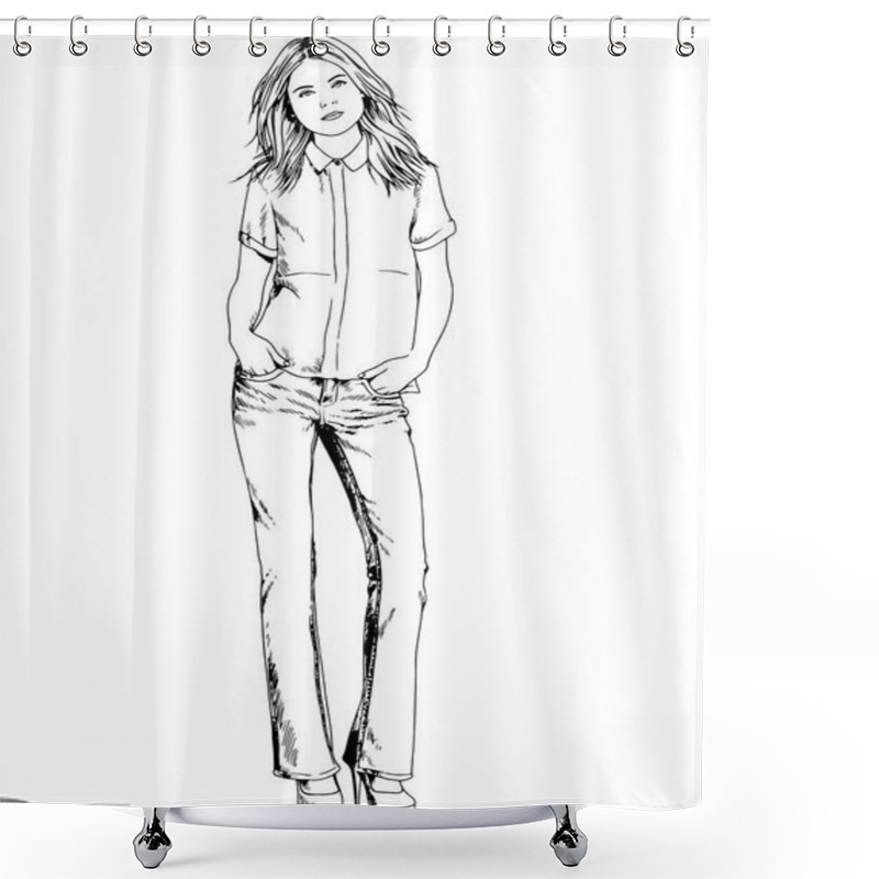 Personality  Beautiful Slim Girl In Casual Clothes, Drawn In Ink By Hand On A White Background Shower Curtains