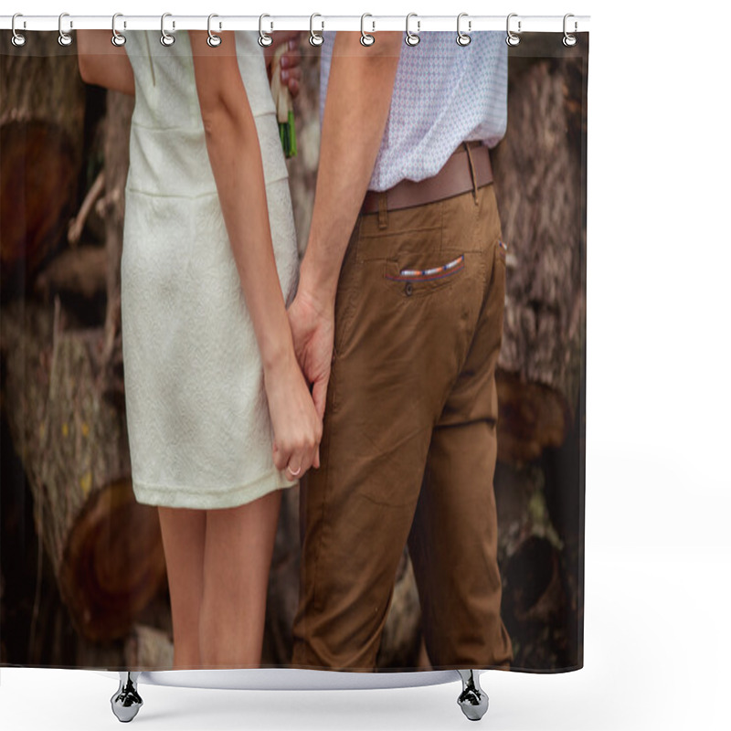 Personality  Groom Holds His Bride's Hand Shower Curtains