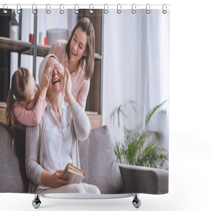 Personality  Mother And Daughter Visiting Smiling Sick Grandmother In Kerchief Reading Book At Home Shower Curtains