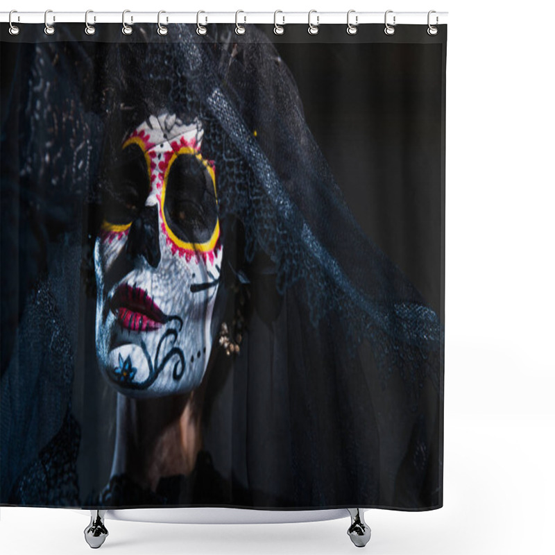 Personality  Portrait Of Woman With Sugar Skull Halloween Makeup Looking At Camera Near Black Lace Veil On Dark Blue Background Shower Curtains